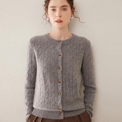 Women's French Style Cable Knit Cashmere Cardigan - Round Neck, Solid Color, Thick, Versatile, Loose Fit Sweater.