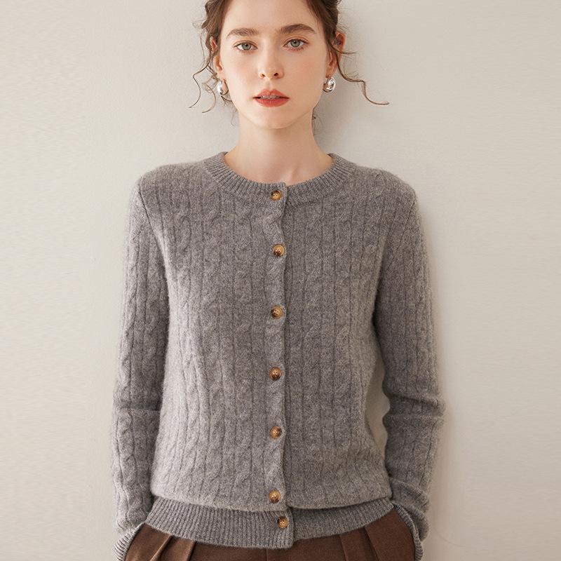 Women's French Style Cable Knit Cashmere Cardigan - Round Neck, Solid Color, Thick, Versatile, Loose Fit Sweater.