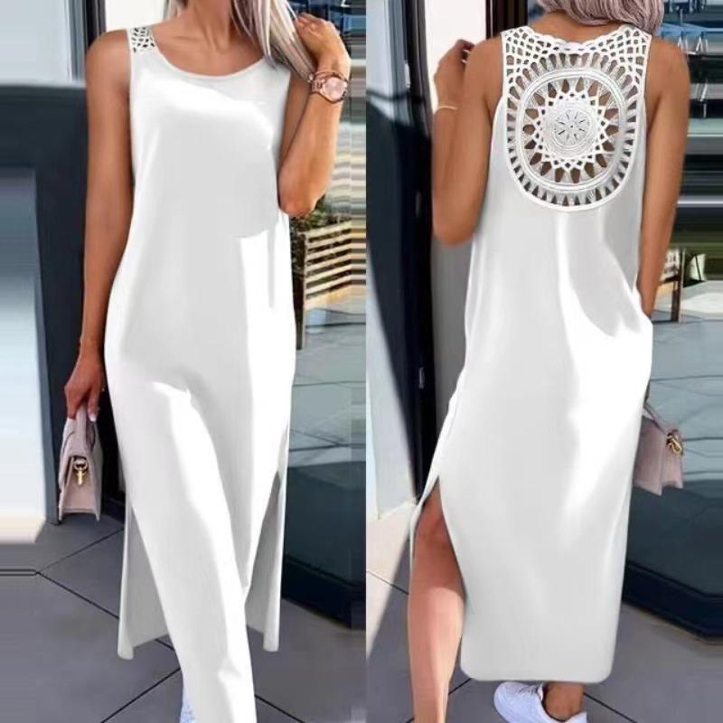 

Summer Sleeveless Hollow Sexy Loose Women Fashion Slit Solid Casual Dresses Women Round Neck Mid Length Slim Ladies Dress M білий