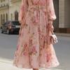 Women's High Neck Long Sleeve Floral Print Midi Dress High Waist Belted Elegant Casual Dress