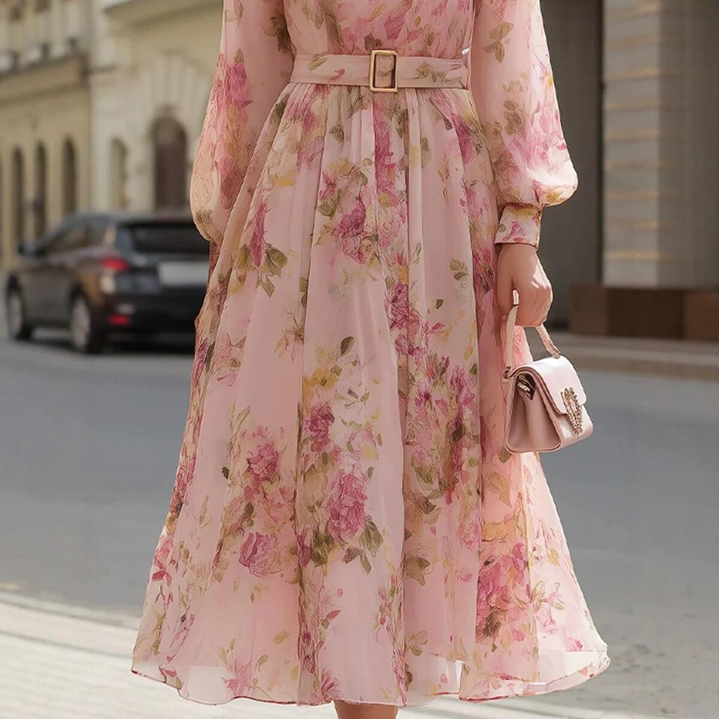 Women's High Neck Long Sleeve Floral Print Midi Dress High Waist Belted Elegant Casual Dress