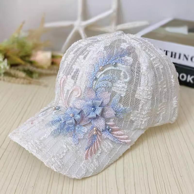 Fresh Sweet Summer Hats & Caps Lightweight Lace Sequin Flower Baseball Cap with Pearl Crystal Decorations Suitable Beach
