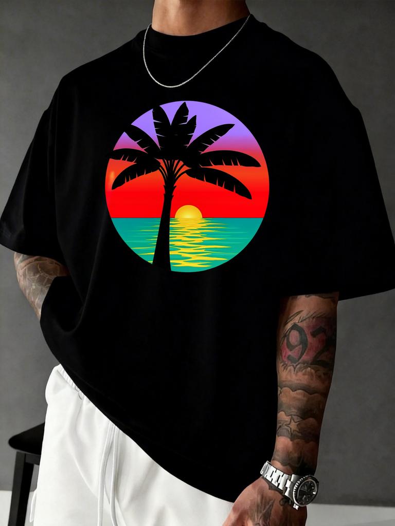 Unisex Black Crew Neck Tee Sunset Palm Tree Circle Print Loose Oversized Short Sleeve Unisexs Streetwear Summer Casual Basic Top