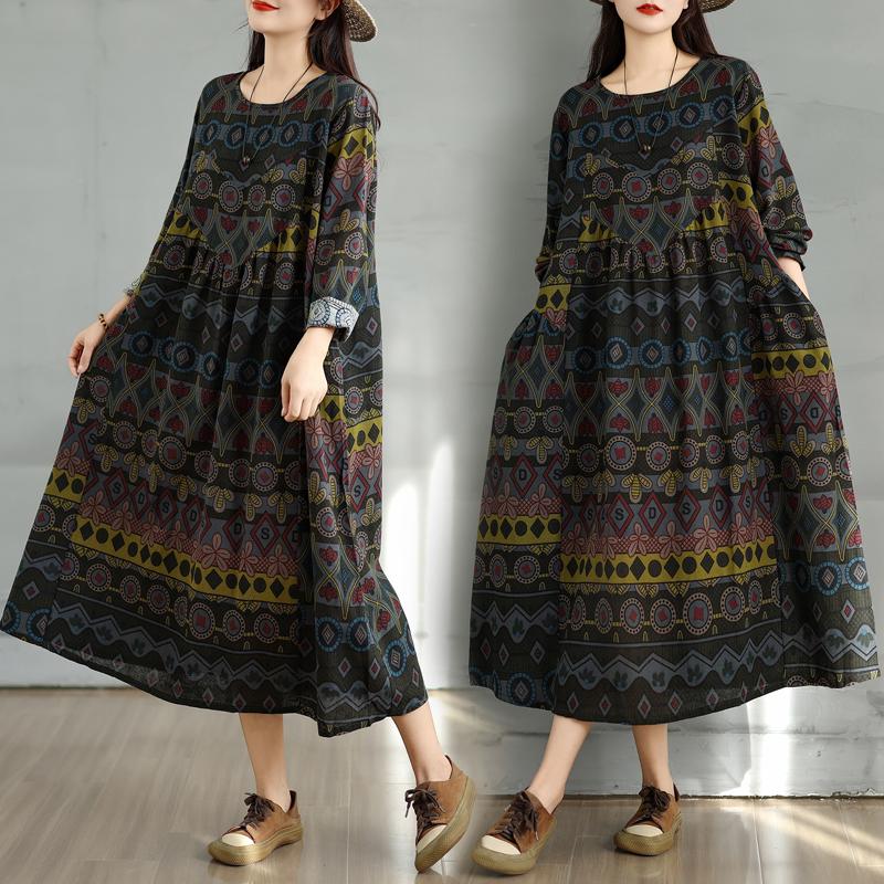 Dimanaf 2025 Women Plus Size Spring Long Dress Loose Basic Printing Vintage Casual Floral Oversize Long Sleeve Maxi