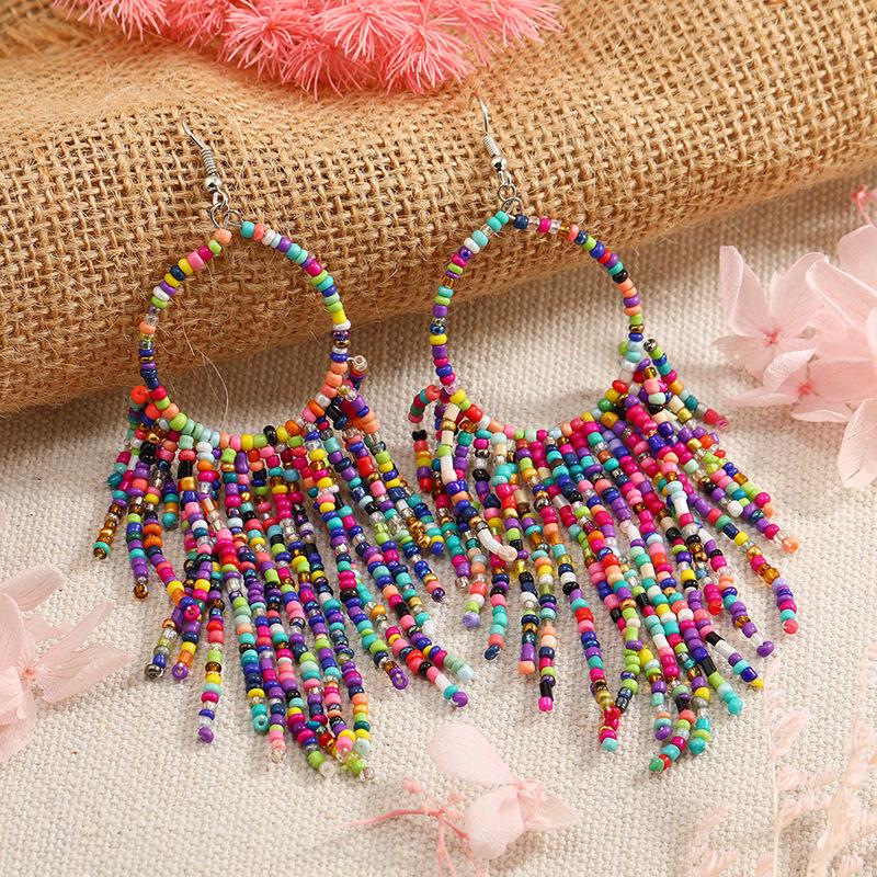 Bohemian Retro Ethnic Tassel Earrings with Long Rice Beads for Women