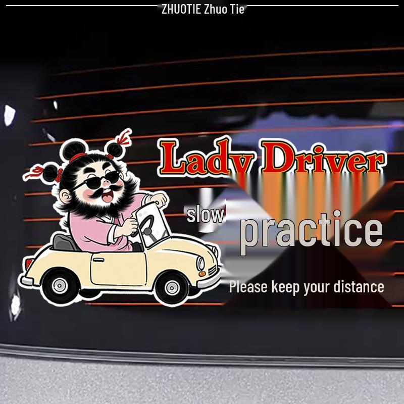 Funny New Driver Caution Sticker: Beginner Female Driver - Keep Safe Distance, Reflective & Waterproof for Rear Windshield