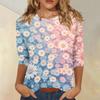 Women Casual Floral Print Three Quarter Sleeve Round Neck Shirt Lightweight Comfortable Top for Everyday Wear