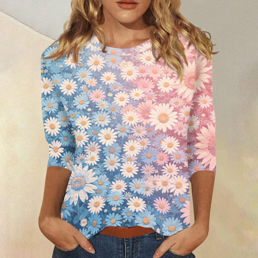 Women Casual Floral Print Three Quarter Sleeve Round Neck Shirt Lightweight Comfortable Top for Everyday Wear