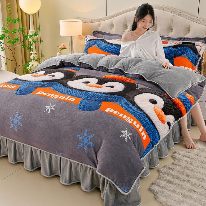 Cozy Flannel 230g Milk Velvet Printed Bed Set with Skirt - New Autumn/Winter Collection, Hot Seller