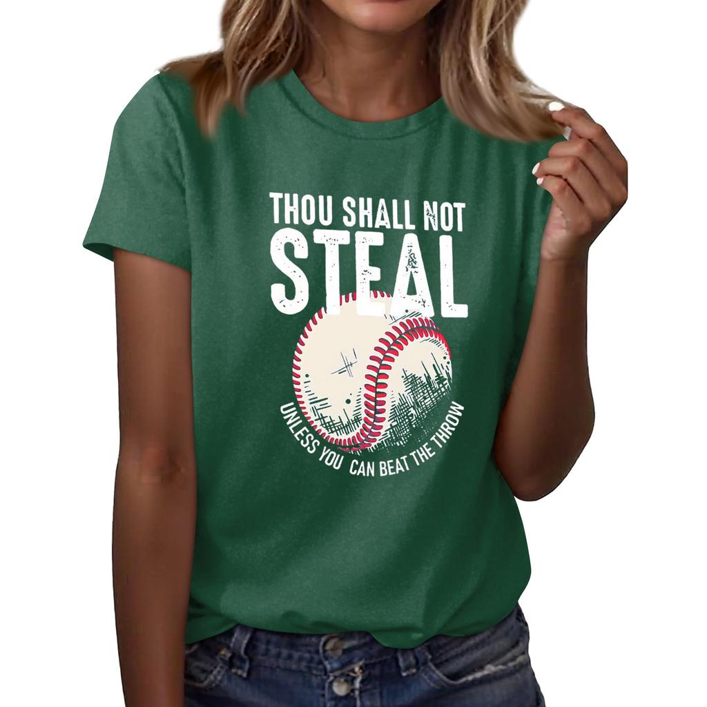 Women's Casual Baseball Print T-shirt Round Neck Pullover Short Sleeve Top