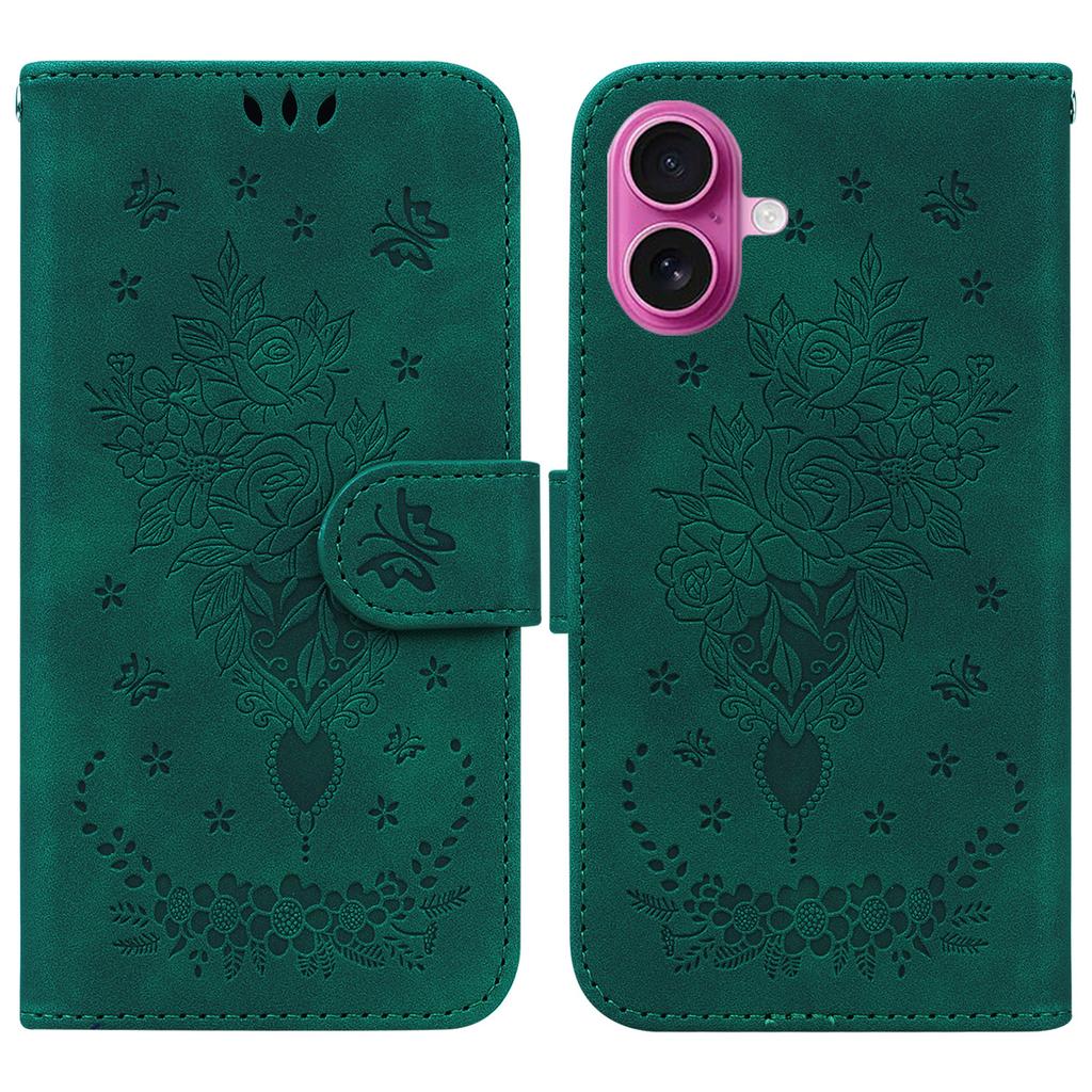 For iPhone 17 Case PU Leather Wallet Phone Cover Butterfly Flower Imprint with Strap