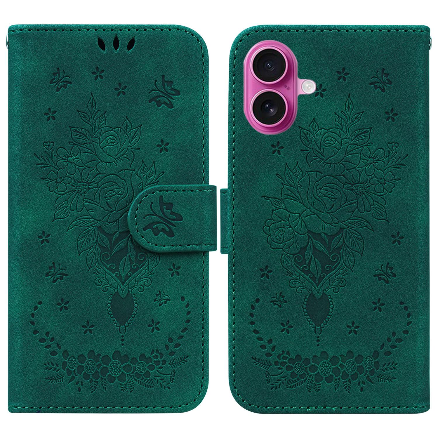 

For iPhone 17 Case PU Leather Wallet Phone Cover Butterfly Flower Imprint with Strap C