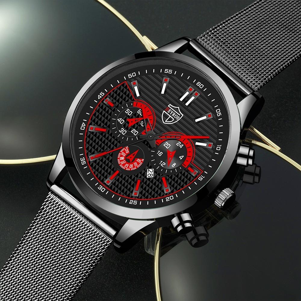 DEYROS 4PCS Set Fashion Mens Sports Bracelet Watches for Men Stainless Steel Quartz Wristwatch Classic Male Casual Leather Watch