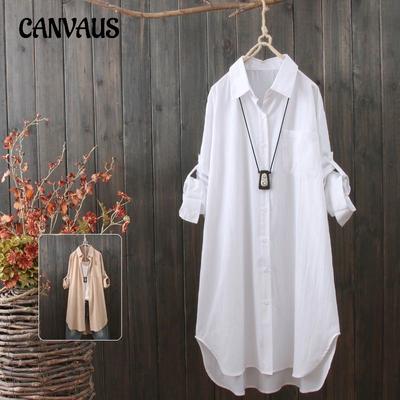 Spring and Autumn Women's Plus Size Shirt Literary Long Sleeve Medium Long Loose Solid Colour Casual Shirt