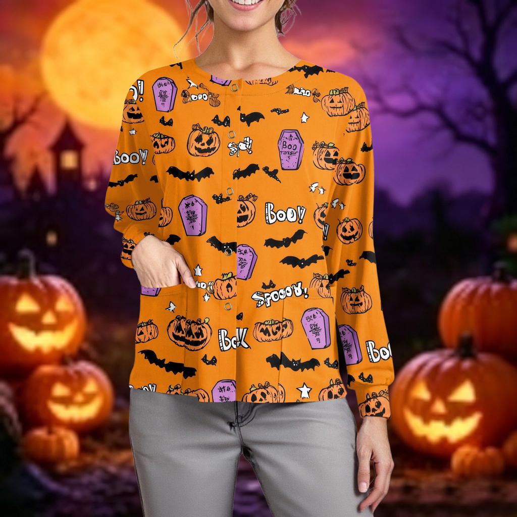 Women's Casual Long Sleeve Single Breasted Halloween Print Caregiver Cardigan Top Lightweight Comfortable Fit