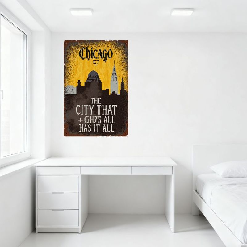Vintage Chicago Skyline Metal Tin Sign Art Deco Distressed Wall Plaque for Home Bar Cafe Restaurant Decor (THE CITY THAT GH7S AL