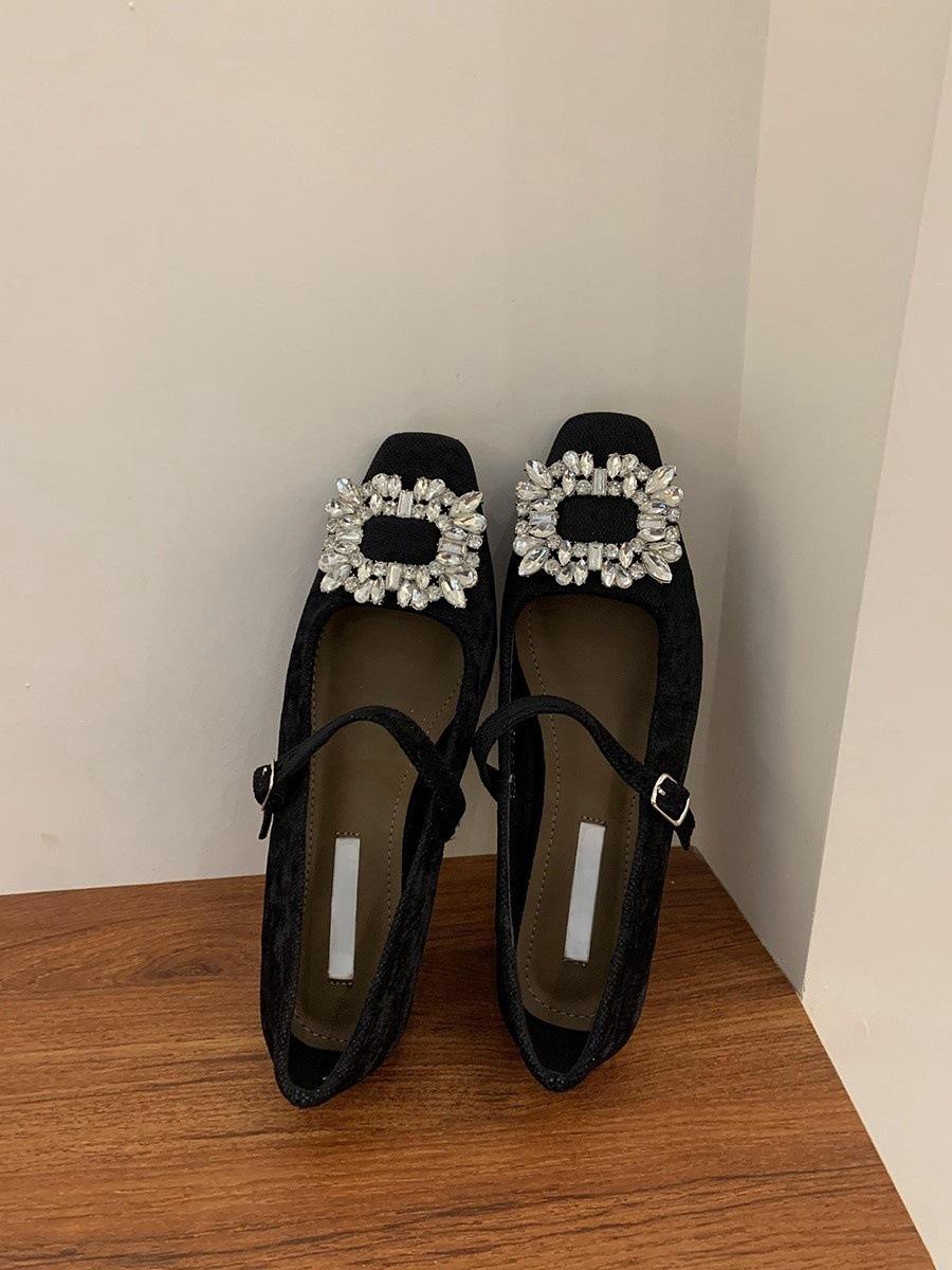 

Нишевые туфли Мэри Джейн на низком каблуке со стразами, замшевые вечерние туфли-лодочки, женская обувь 2025 весна, высококлассные черные туфли для работы 35 чёрный