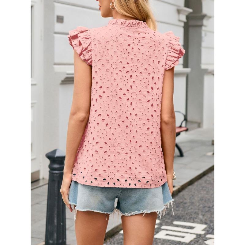 Women European Style Casual Summer Hollow Out Embroidery Flounce Sleeve V Neck Shirt