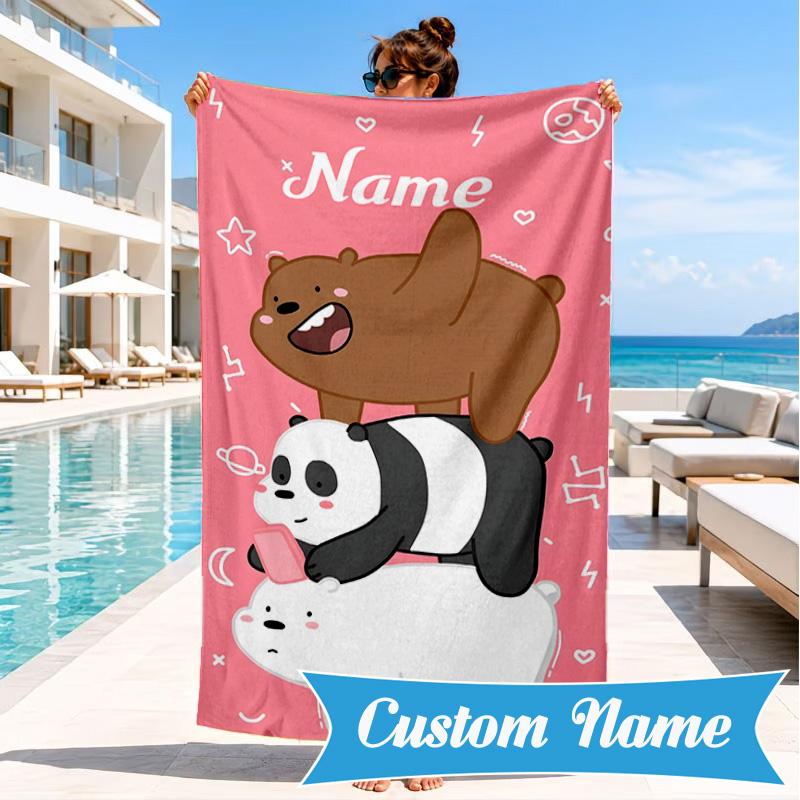 Custom Name Brown Bear Heart Love Beach Towel Microfiber Beach Towel, Lightweight and Quick-Dry, for Summer Travel, Swimming Pool Gift