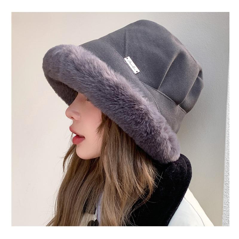 Autumn Winter Pleated Patchwork Basin Hat for Outdoor Warmth Windproof Protection Ear Protection Thickened Plush Fisherman Hat for Women