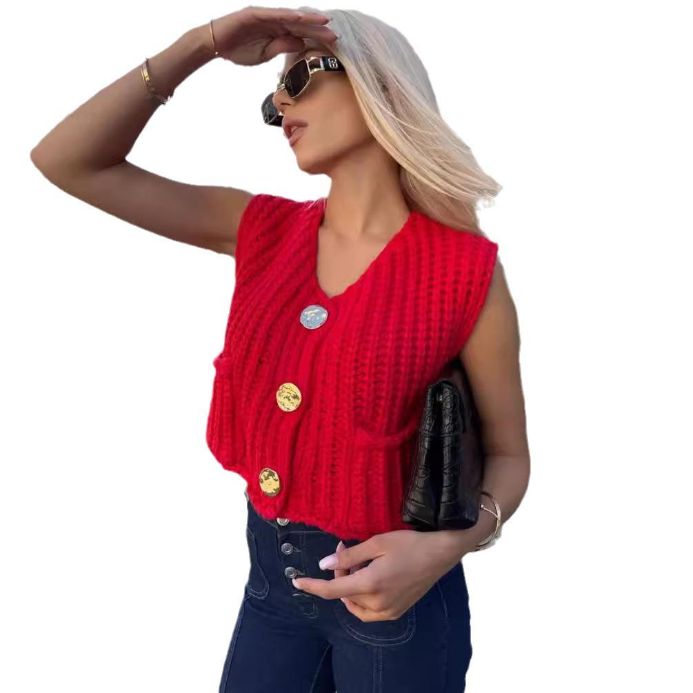 Women's V-Neck Chunky Knit Sleeveless Cardigan Vest - European & American Style, Autumn/Winter 2025