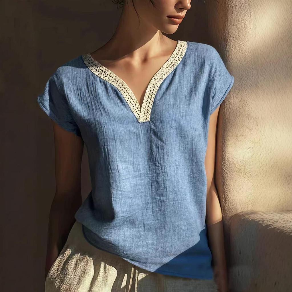 2026 Elegante Camicia Estiva Retrò Bohemien in Pizzo con Scollo a V in Cotone e Lino da Donna