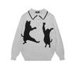 Unisex Oversized Knit Sweater With Cat Jacquard V-Neck Loose Fit Cotton Pullover Winter