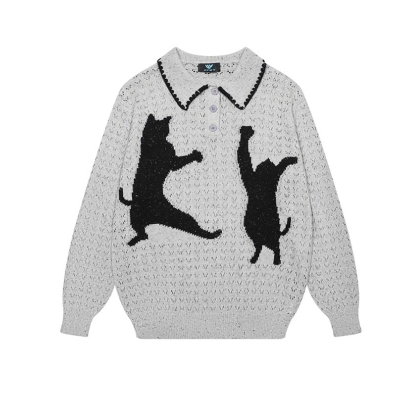Unisex Oversized Knit Sweater With Cat Jacquard V-Neck Loose Fit Cotton Pullover Winter