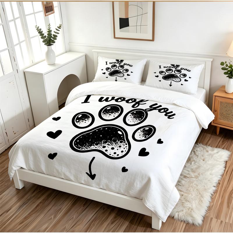 Grosstor Unisex Duvet Cover Set, Comforter Cover, No Filler, I Woof You Cute Dog Paw Print, Soft Stylish Pet Lover Bedroom Home Decor