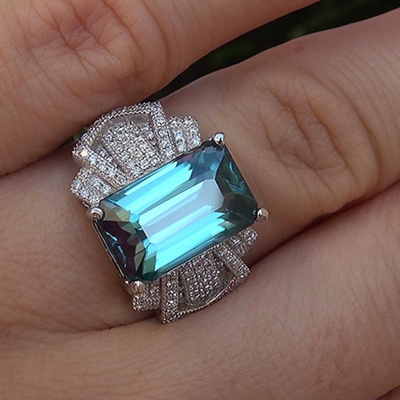 Elegant Sea Blue Zircon Copper Ring - European American Style Size 9