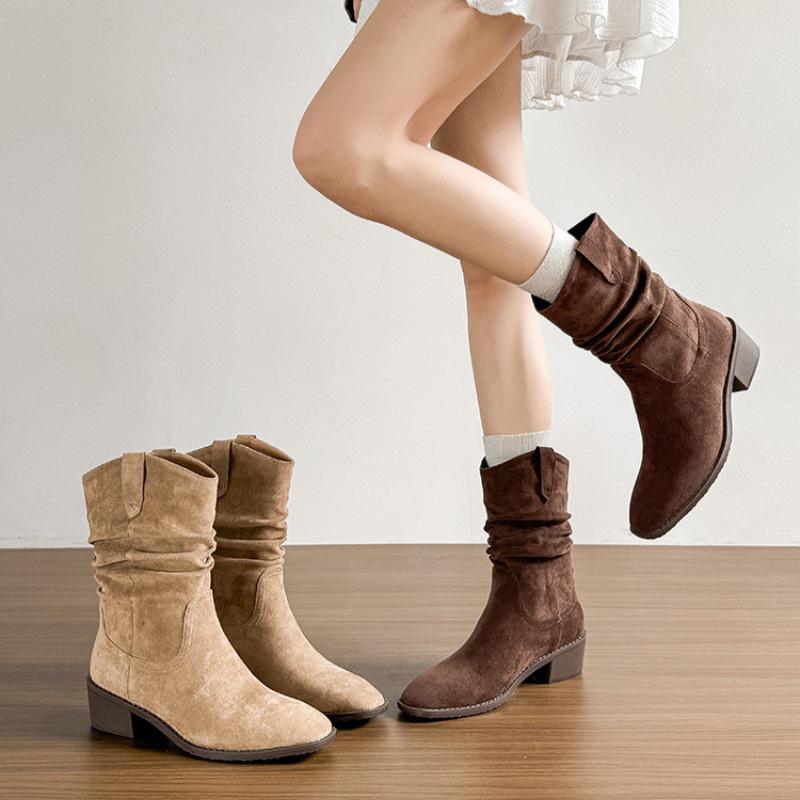 Women's Vintage Western Cowboy Ankle Boots - Ruched, Chunky Heel, Petite Height, Mid-Calf Martin Style