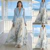 Women's Long Sleeve Chiffon Dress Floral Print Deep V Neck Flowy A-Line Dress