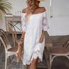 Women Summer Casual White Lace Embroidered Hollow Design Flat Shoulder One Piece Dress