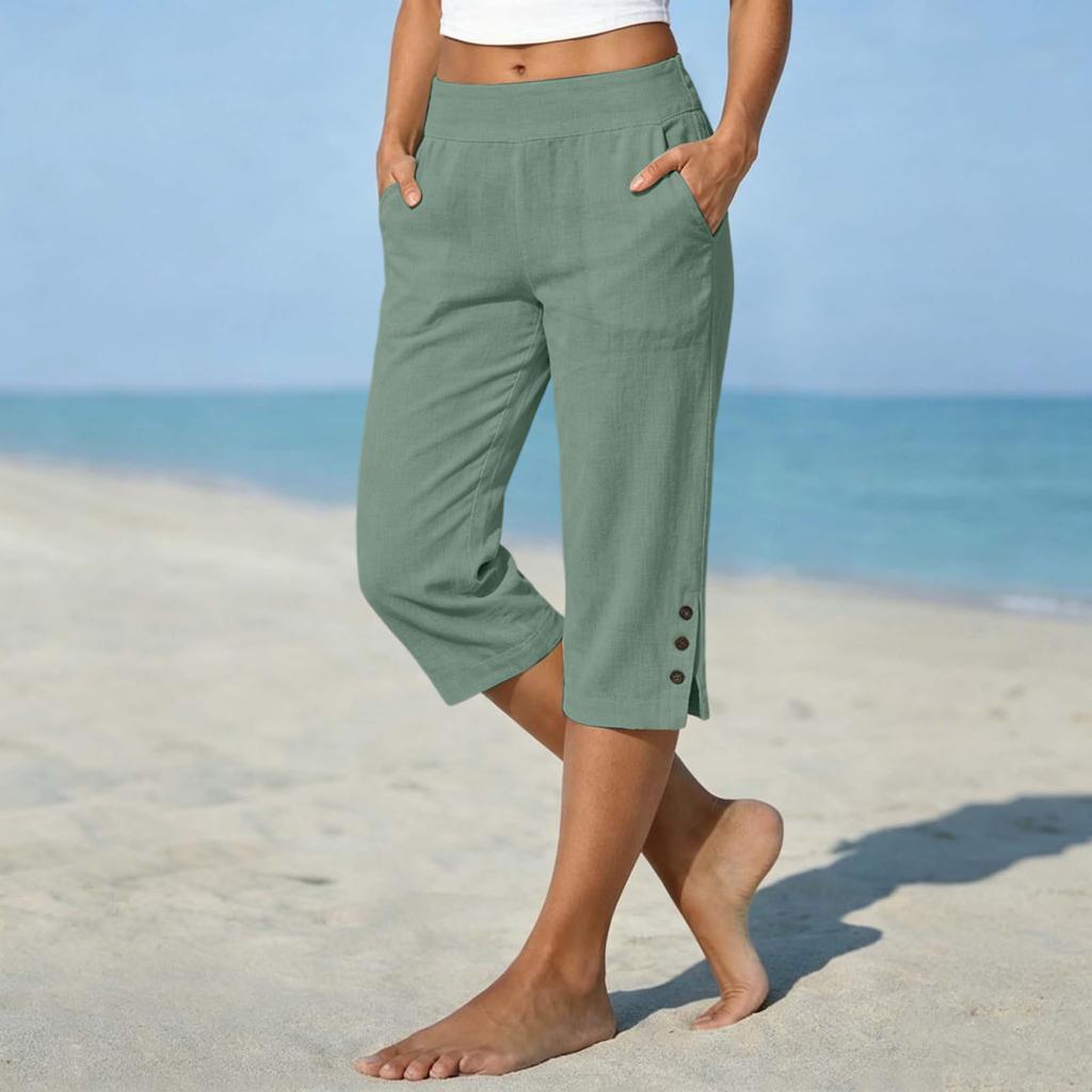 Pantaloni da Donna a Gamba Dritta Corti, Vestibilità Larga, in Lino e Cotone, con Tasche Laterali e Fondo Spaccato con Bottone, per Uso Casual