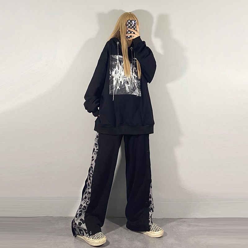 

Женские летние уличные брюки с леопардовым принтом и широкими штанинами - Свободные хип-хоп повседневные брюки с высокой посадкой для тренда Инс S чёрный