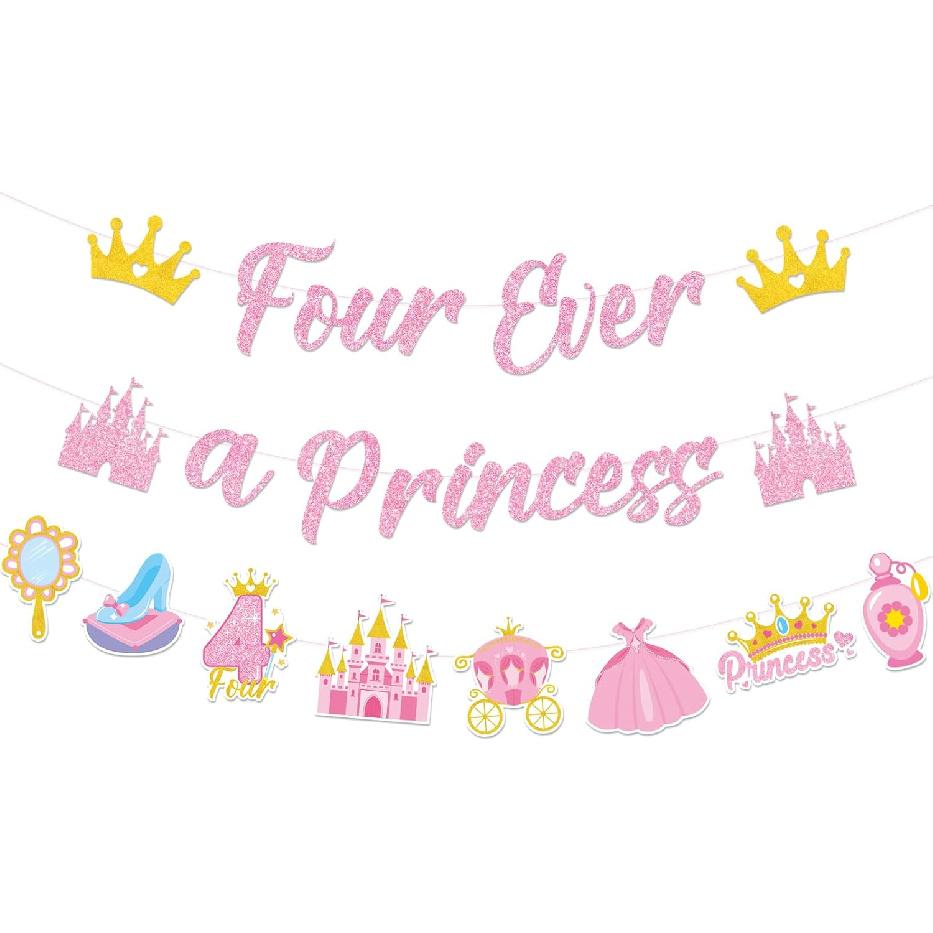 Four Ever A Princess Banner - 3 Pcs Pre-Strung Princess 4th Birthday Party Decorations Glitter Pink Gold Castle Crown Carriage Ceiling Garland Decor