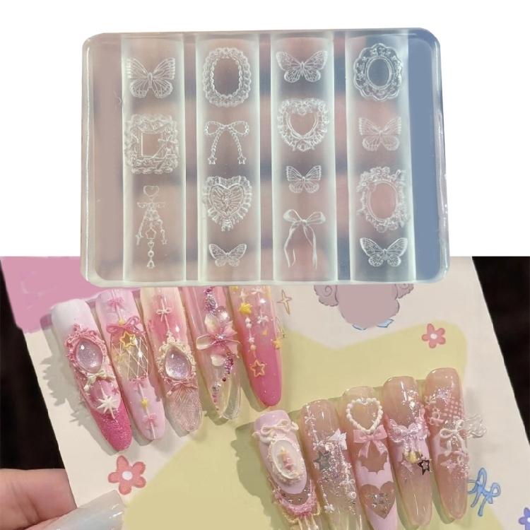 Reusable Silicone Nail Stencil For 3D Embossed Art Featuring Frame Bowknot Butterfly Designs Crafting Accessories