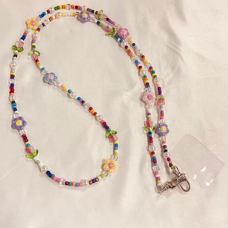 Long Colorful Tulip Flower Beaded Phone Strap Bag Chain Pendant for Girls