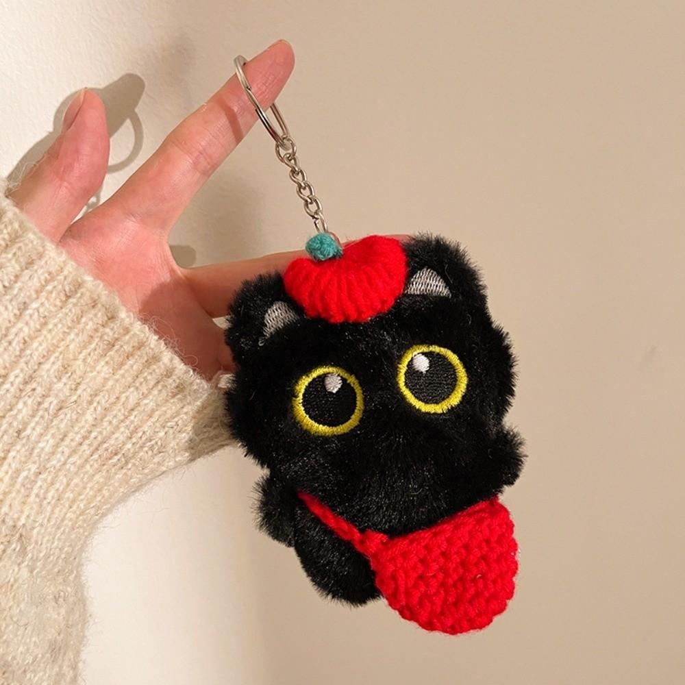 

Bib Black Cat Plush Doll Keychain with Knitted Hat Car Key Ring School Bag Decoration Style 03