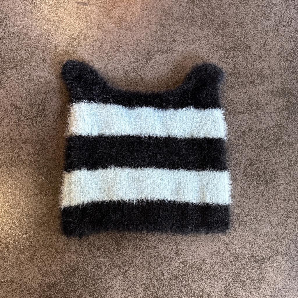 Ears Design Cats Knit Cap With Stripe Style For Daily Cold Weather Use Outdoor
