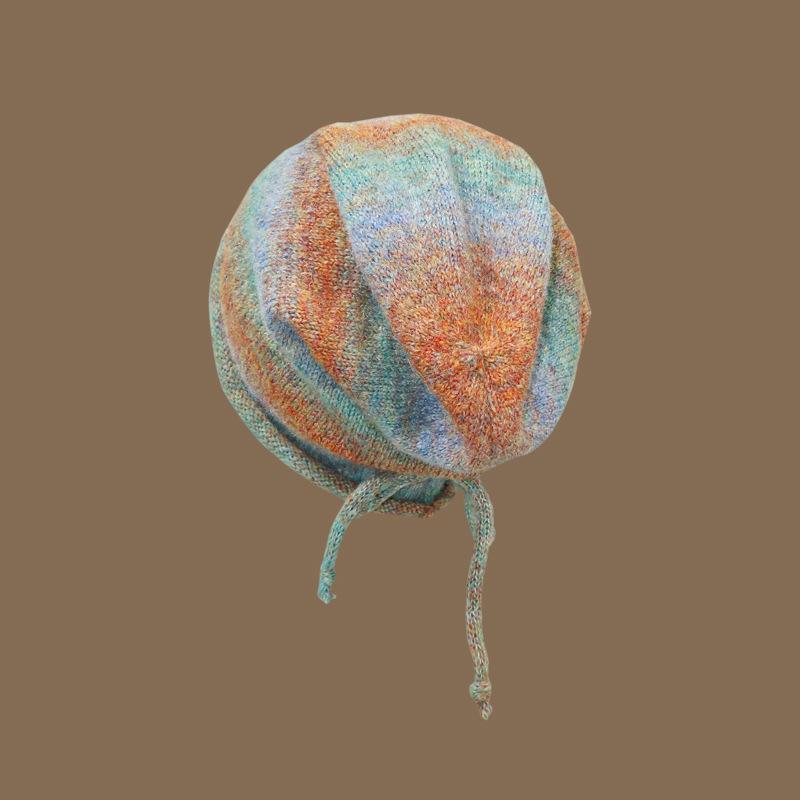 Autumn And Winter Women'S Wool Colored Knitted Yarn Hat, Fashionable Gradient Color Drawstring Pile Hat, Face Enhancing Small Pullover Hat