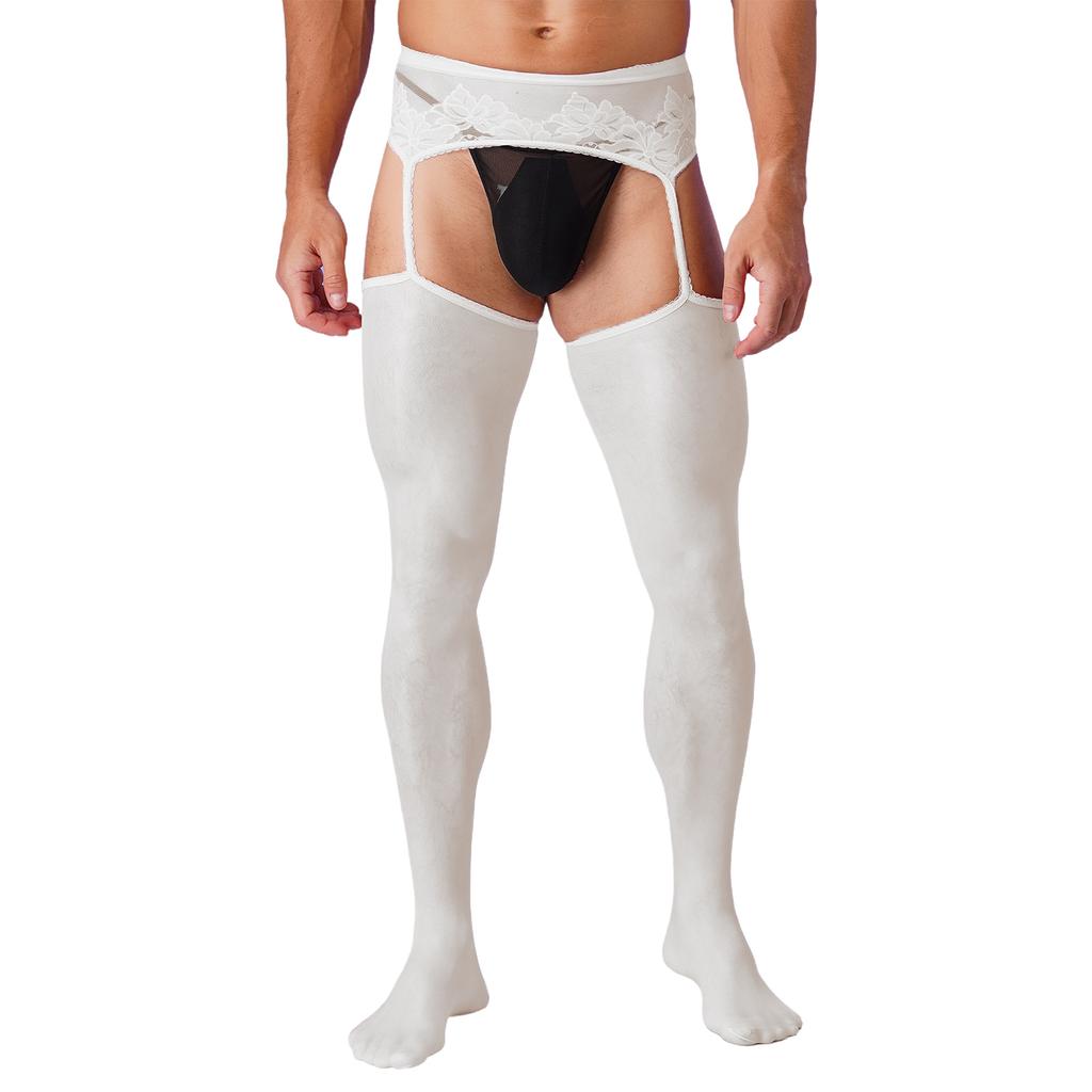 Mens Crotchless Pantyhose Floral Lace Design Open Leggings One Piece Garter Stockings Club Wear