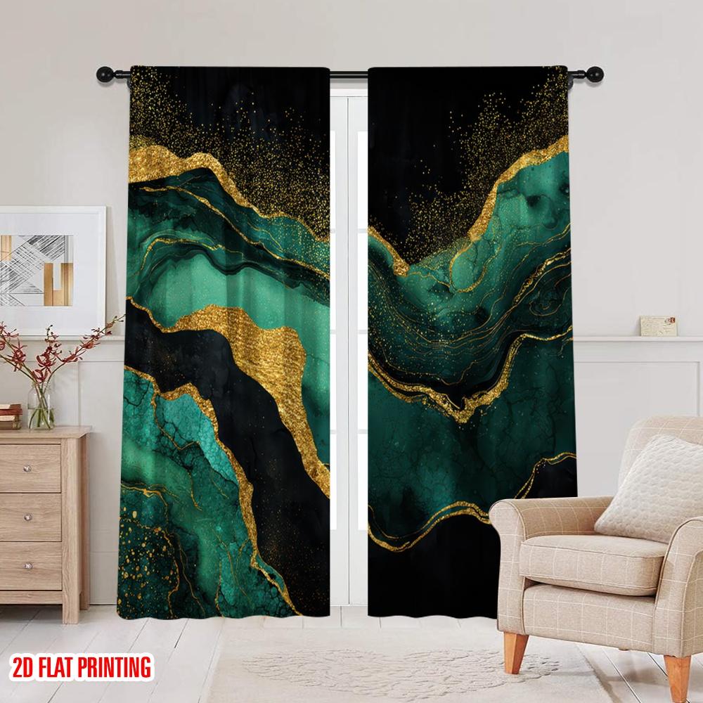 Set aus 2 flachen Druck-Partyvorhängen Smaragd Gold Marmorstruktur Polyester Ohne Strom Festliche Feiertagsnutzung Hauswand Hergestellt