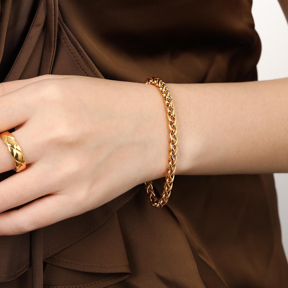 

Женский браслет и ожерелье из титановой стали с золотым покрытием, цепочка «Драконья кость», плетение «Корзинка»