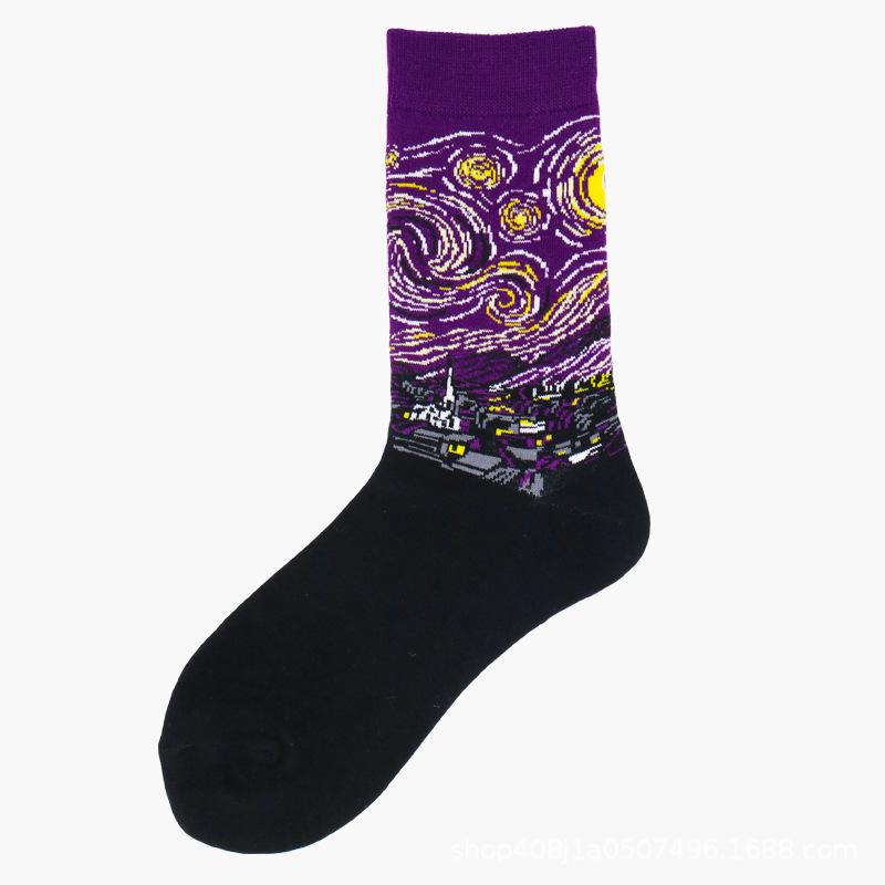 European & American Creative Oil Painting Mid-Calf Socks: Trendy Autumn/Winter High-Tube Cotton Socks