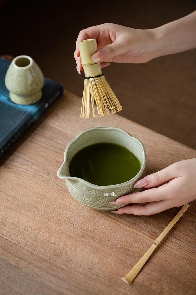 Ceramic Matcha Tea Ceremony Set with Whisk, Chasen Holder, and Brush.
