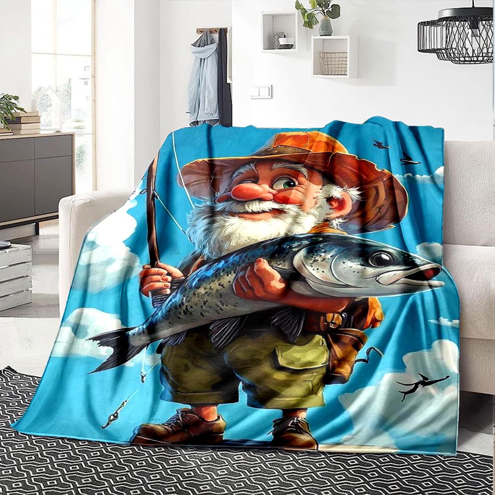Cartoon Fisher Gnome Big Salmon Print Flannel Blanket Soft Warm Throw Blanket Nature Hobby Sofa Bed Home Decor
