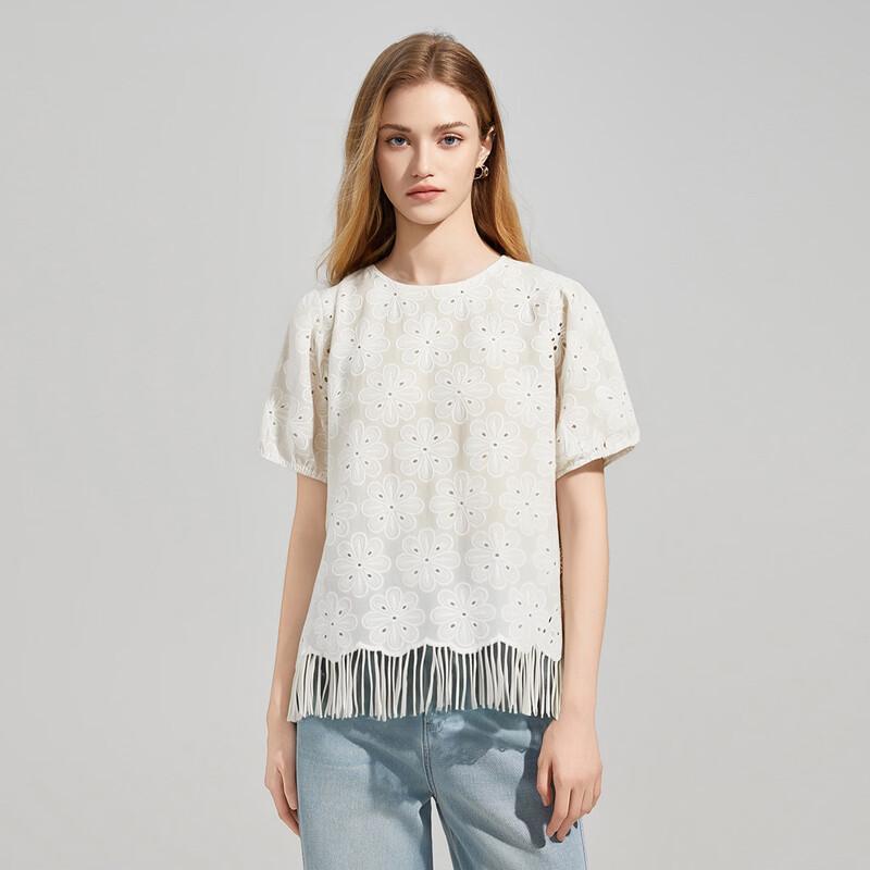 Women s Embroidered Round Neck Loose Short Sleeve Blouse EU 38