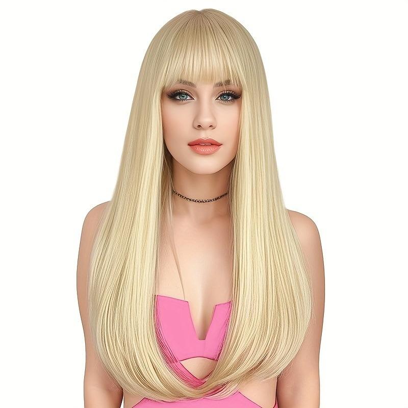 Synthetic Hair Blonde Wigs with Bangs Long Silky Straight Wig for Women Cosplay Wig Party Heat Resistant Daily Costume