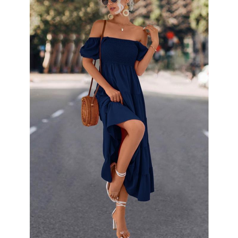 Short Sleeve Square Collar Summer Dress Women Fashion Pleated Elegant Ruffled Long Dresses Women Hight Waist Loose A-line Ladies Dress Clothes 809